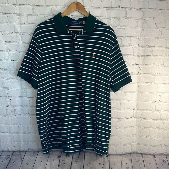 Polo Ralph Lauren Mens Classic Fit Green Blue Striped Polo Shirt Short Sleeve XL - Picture 1 of 10